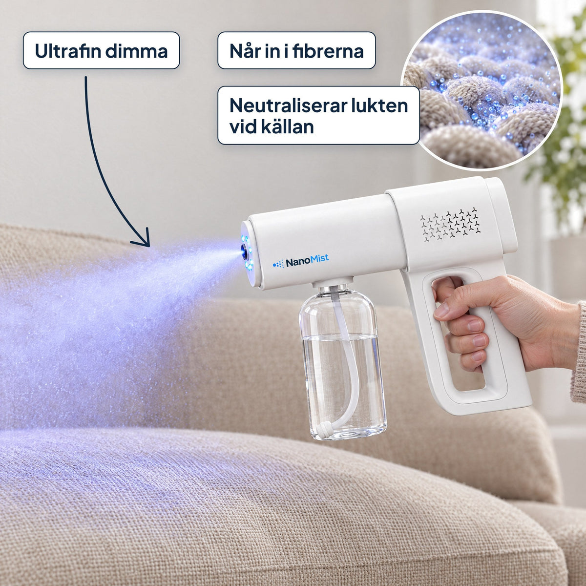 Ultrafin dimma som når in i fibrerna och neutraliserar lukten vid källan