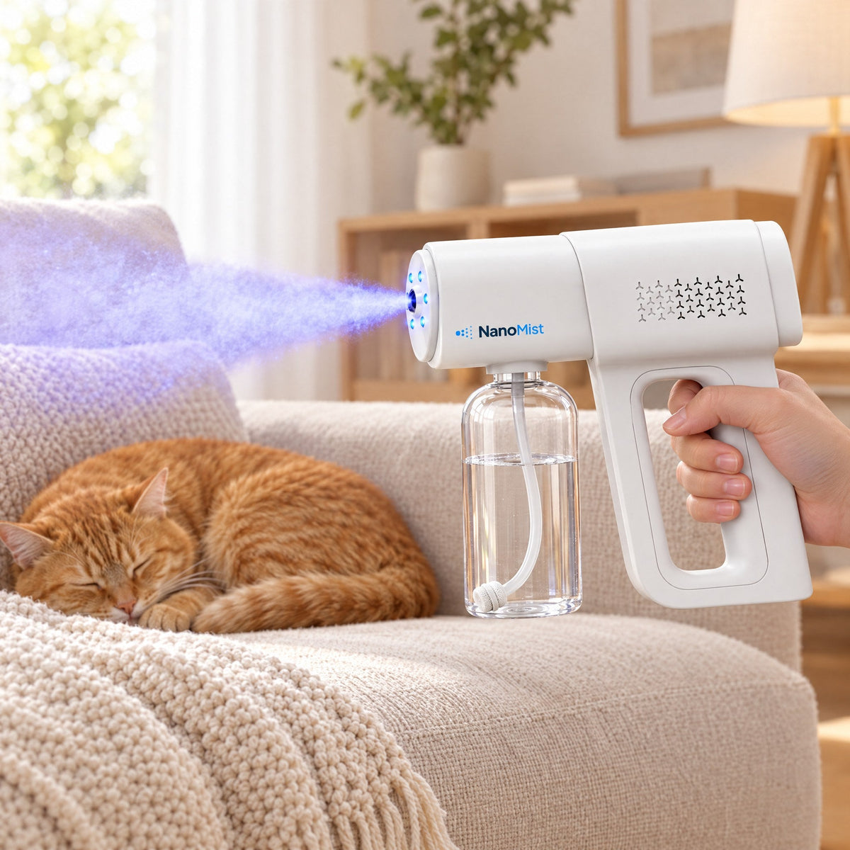 NanoMist sprayas på soffan bredvid katten
